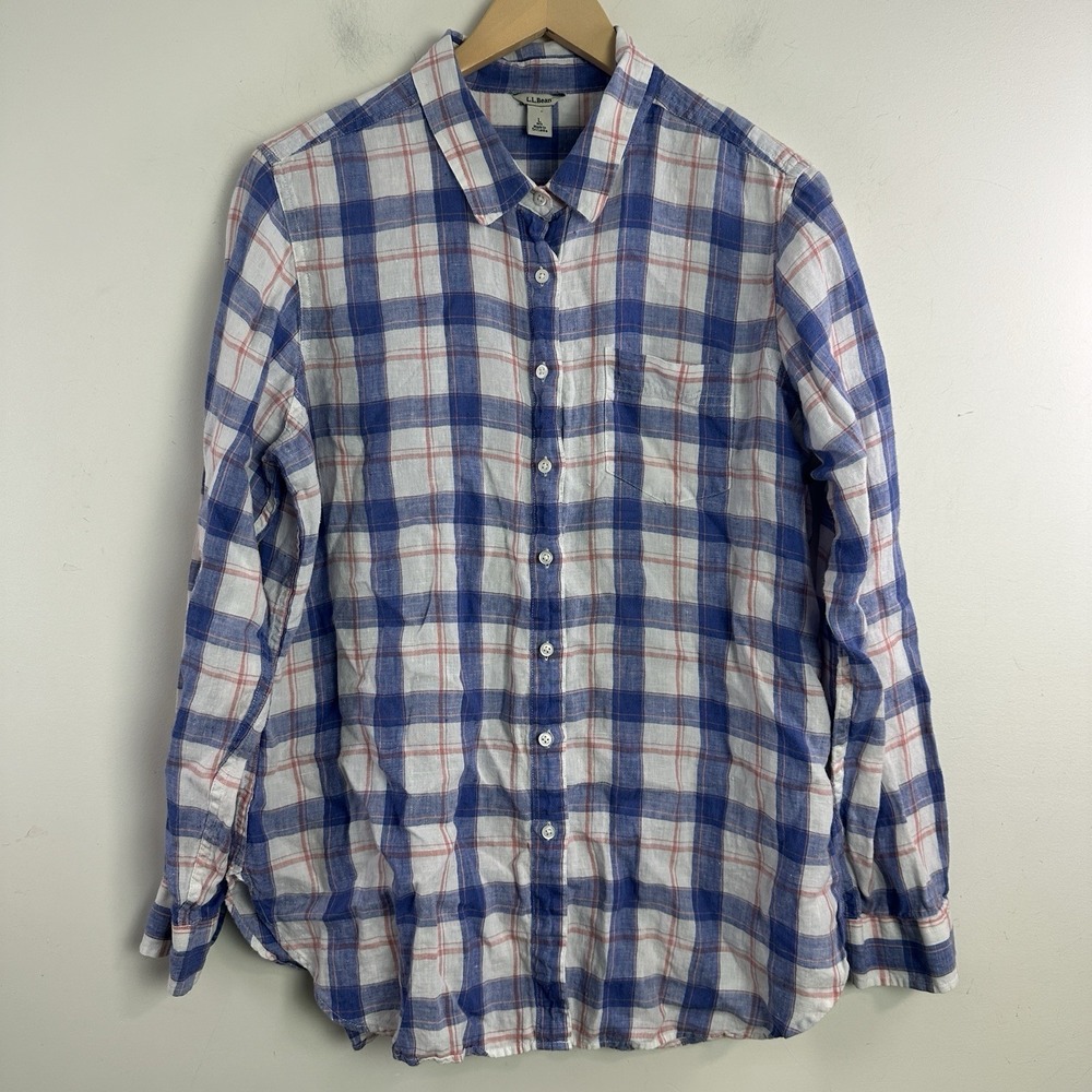LL Bean Linen Plaid Button Up Shirt Womens Size L Heritage Coastal Fisherman